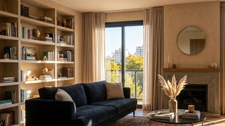 Living luminoso con biblioteca y ventanales, apartamento de dos dormitorios