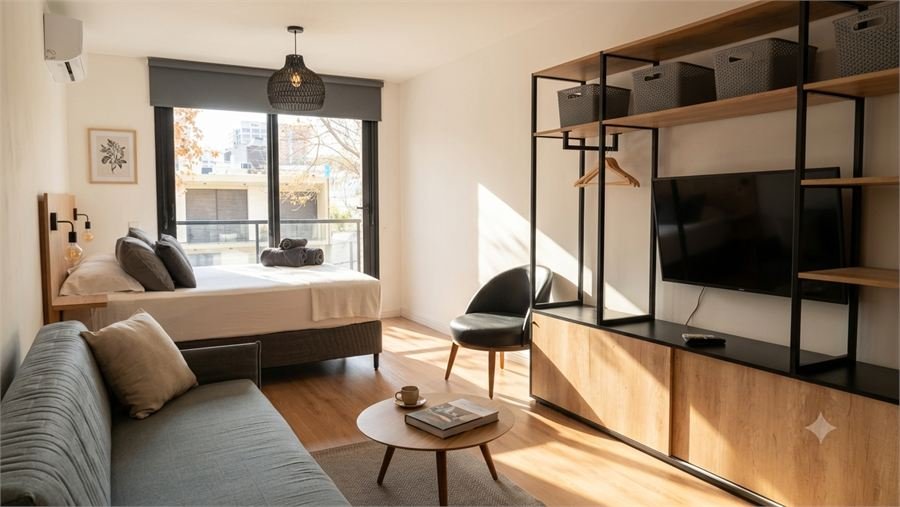 Monoambiente amueblado con estar, cama y balcón